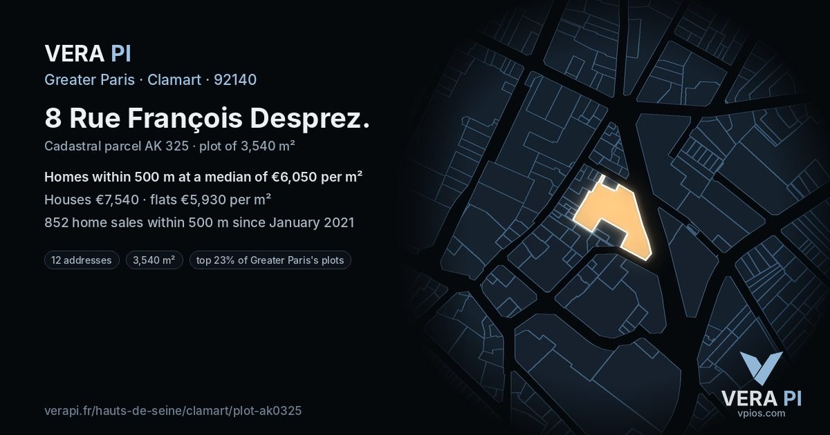 8 Rue François Desprez, Clamart at night – the plot lit, the parcels around coloured by the prices near them