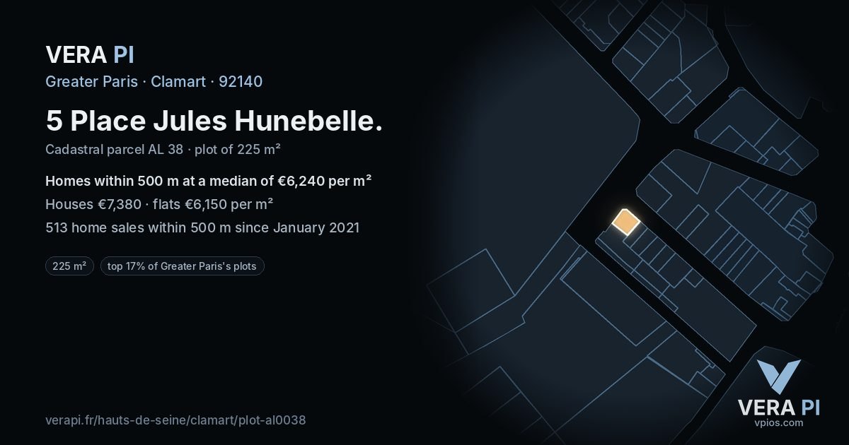 5 Place Jules Hunebelle, Clamart at night – the plot lit, the parcels around coloured by the prices near them