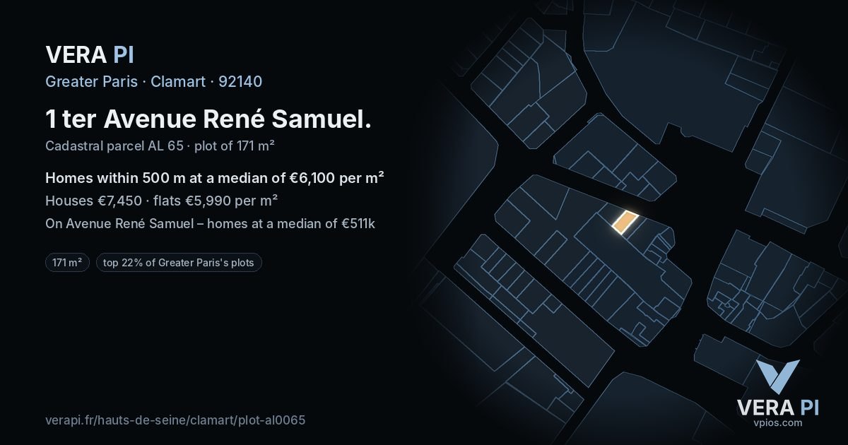 1 ter Avenue René Samuel, Clamart at night – the plot lit, the parcels around coloured by the prices near them