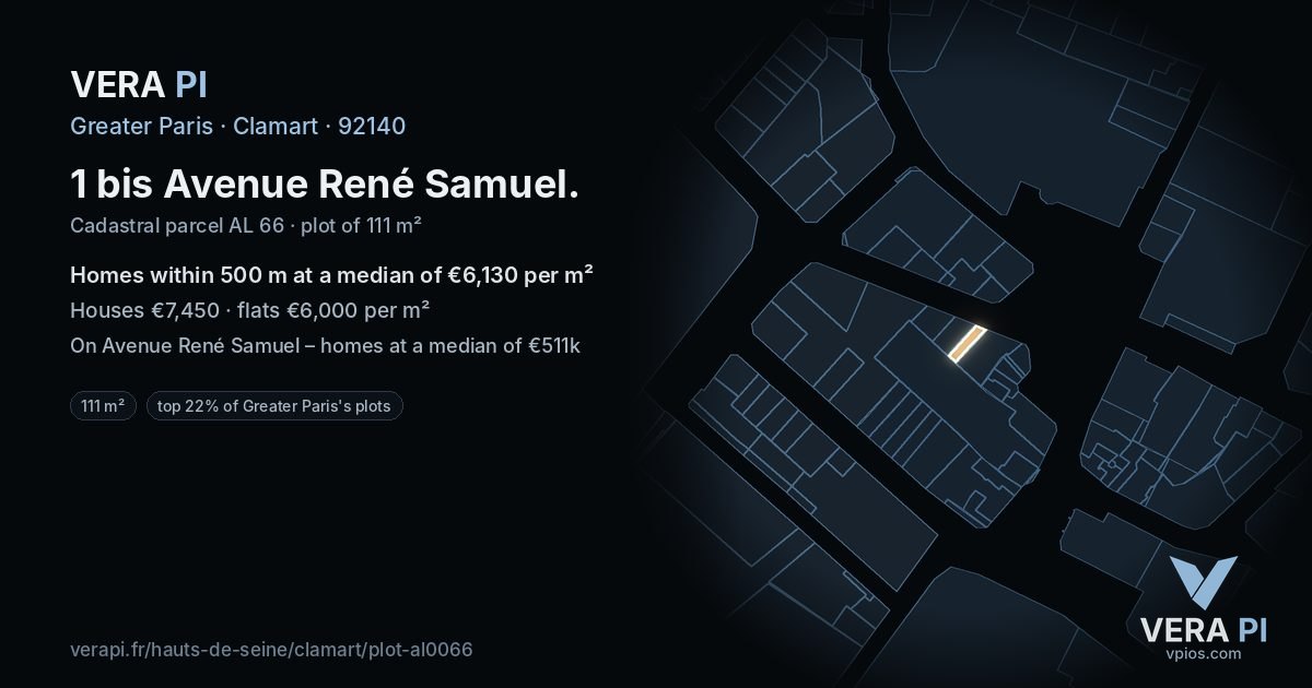 1 bis Avenue René Samuel, Clamart at night – the plot lit, the parcels around coloured by the prices near them