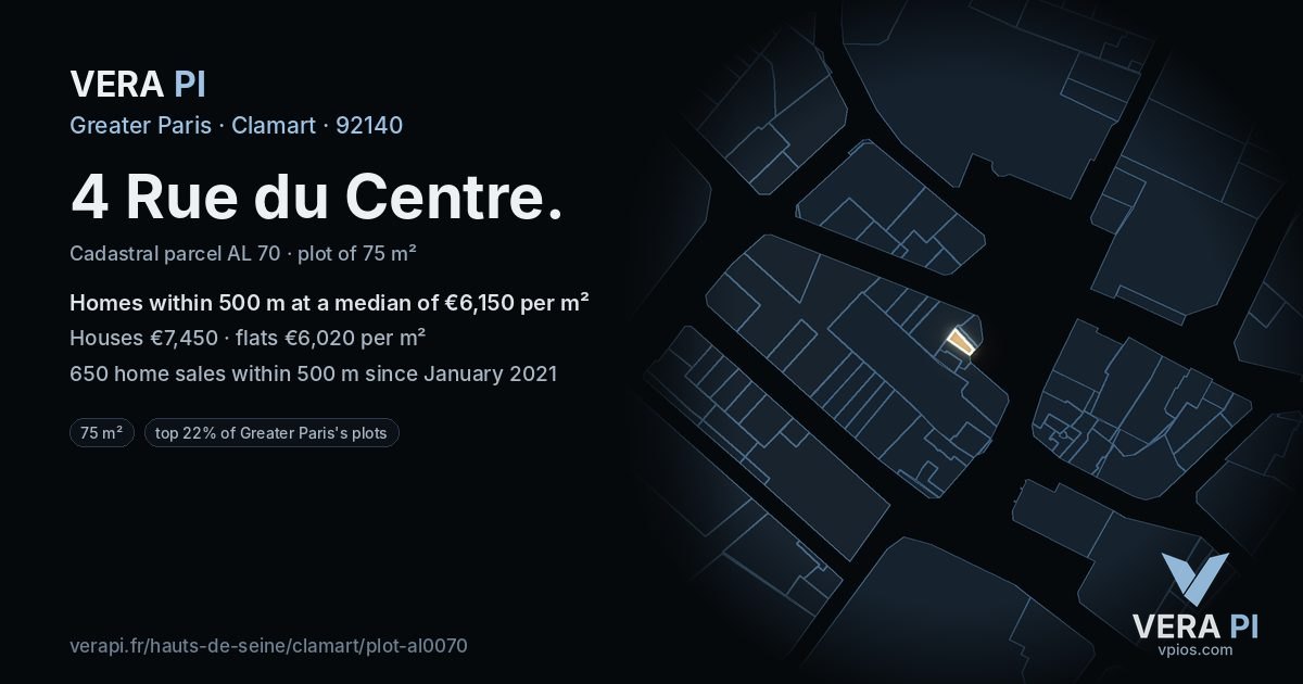 4 Rue du Centre, Clamart at night – the plot lit, the parcels around coloured by the prices near them