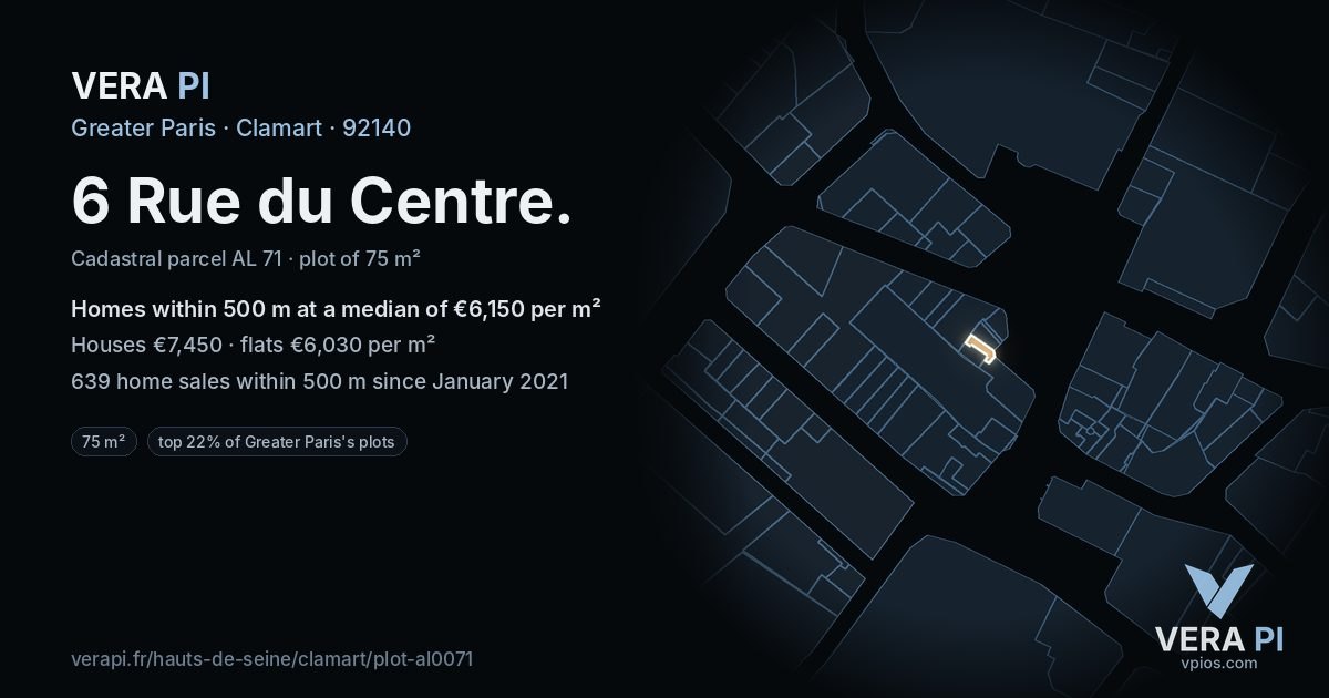 6 Rue du Centre, Clamart at night – the plot lit, the parcels around coloured by the prices near them