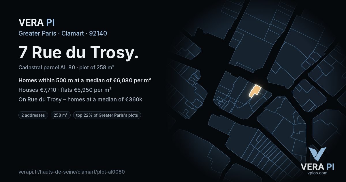 7 Rue du Trosy, Clamart at night – the plot lit, the parcels around coloured by the prices near them
