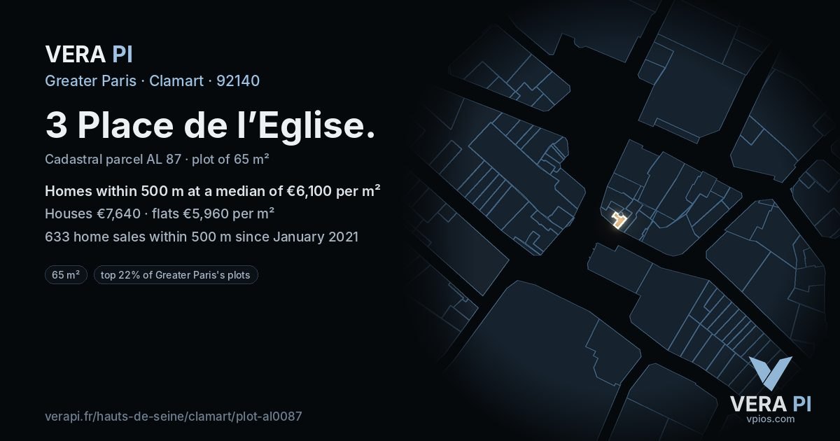 3 Place de l’Eglise, Clamart at night – the plot lit, the parcels around coloured by the prices near them