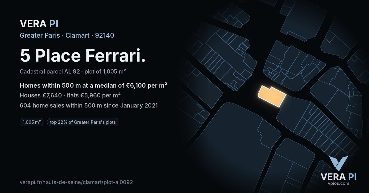 5 Place Ferrari, Clamart at night – the plot lit, the parcels around coloured by the prices near them