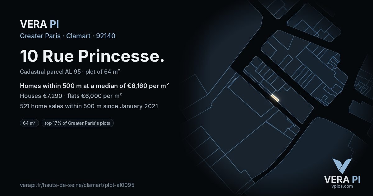 10 Rue Princesse, Clamart at night – the plot lit, the parcels around coloured by the prices near them