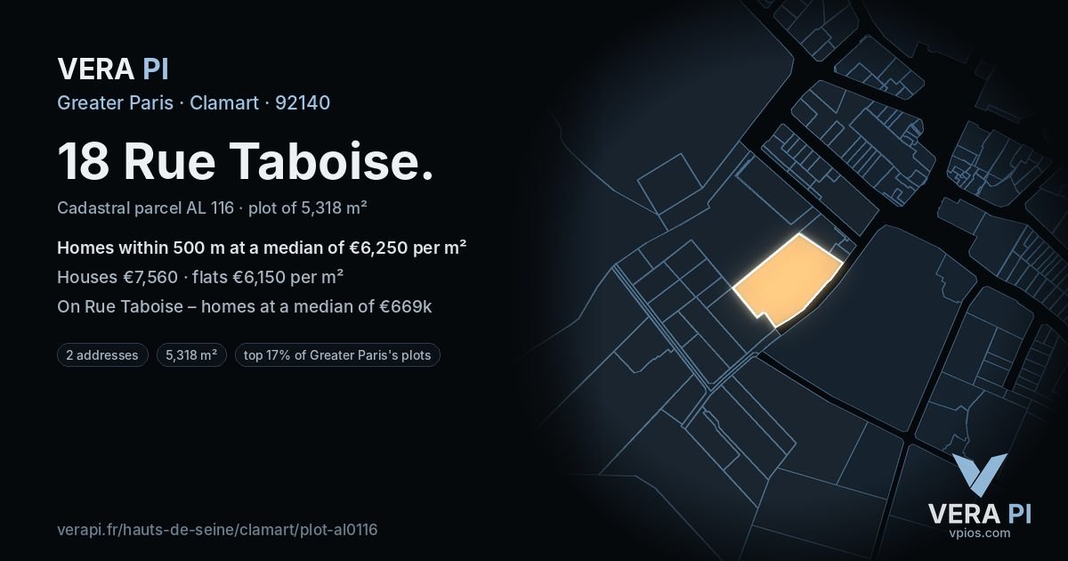 18 Rue Taboise, Clamart at night – the plot lit, the parcels around coloured by the prices near them