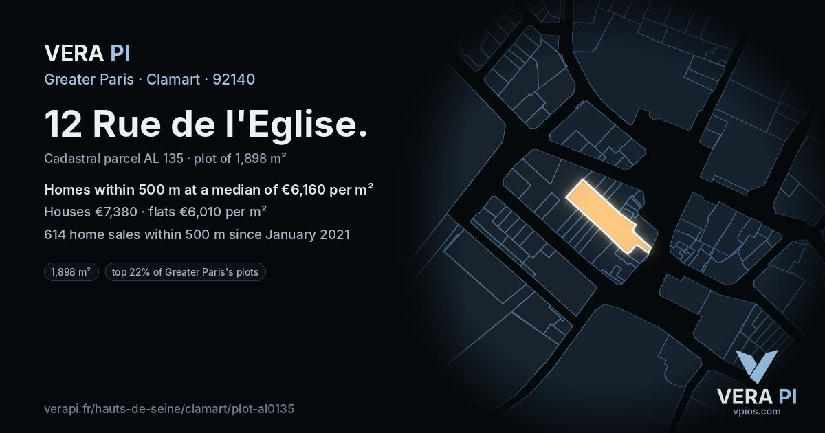 12 Rue de l'Eglise, Clamart at night – the plot lit, the parcels around coloured by the prices near them