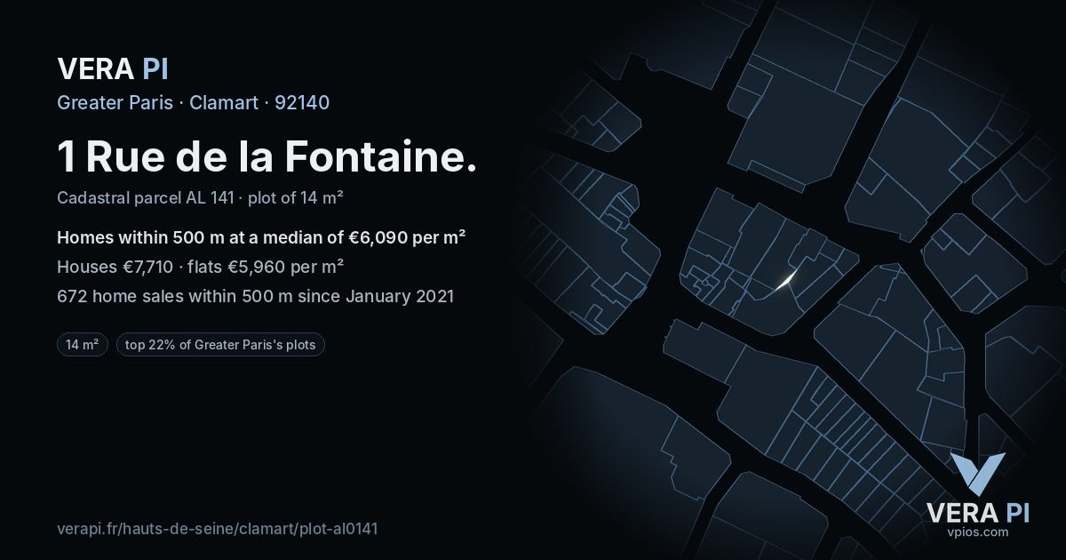 1 Rue de la Fontaine, Clamart at night – the plot lit, the parcels around coloured by the prices near them