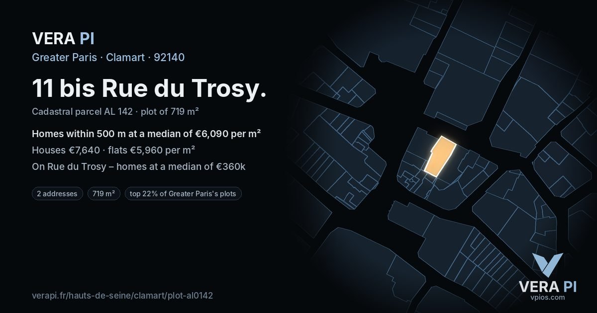 11 bis Rue du Trosy, Clamart at night – the plot lit, the parcels around coloured by the prices near them