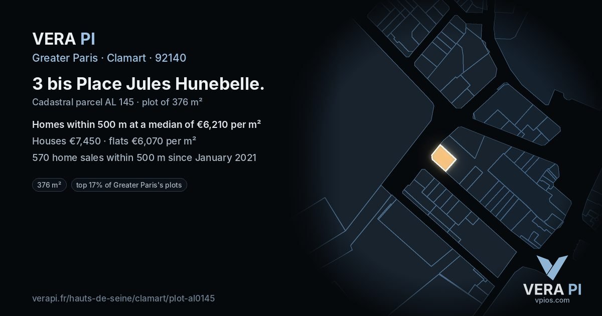 3 bis Place Jules Hunebelle, Clamart at night – the plot lit, the parcels around coloured by the prices near them