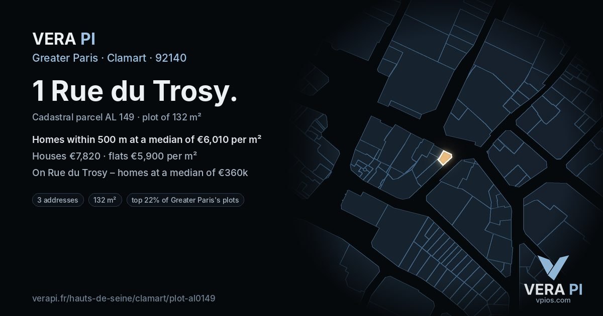 1 Rue du Trosy, Clamart at night – the plot lit, the parcels around coloured by the prices near them