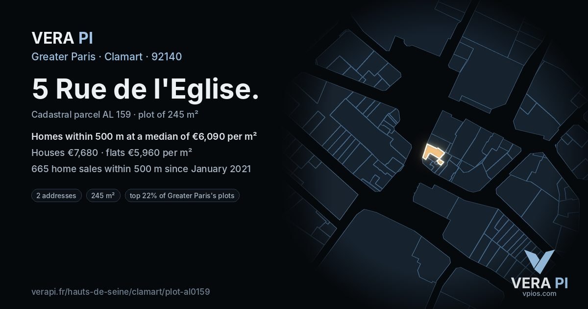 5 Rue de l'Eglise, Clamart at night – the plot lit, the parcels around coloured by the prices near them