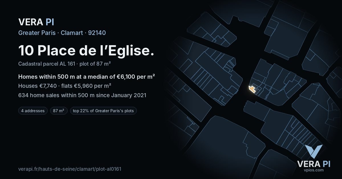 10 Place de l’Eglise, Clamart at night – the plot lit, the parcels around coloured by the prices near them