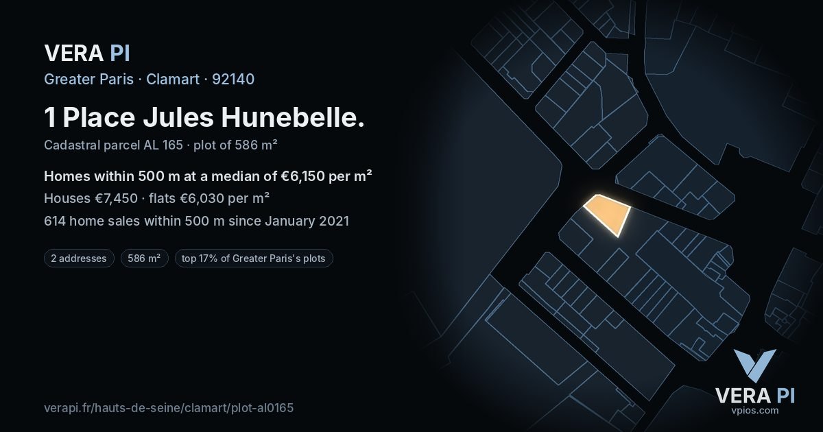 1 Place Jules Hunebelle, Clamart at night – the plot lit, the parcels around coloured by the prices near them