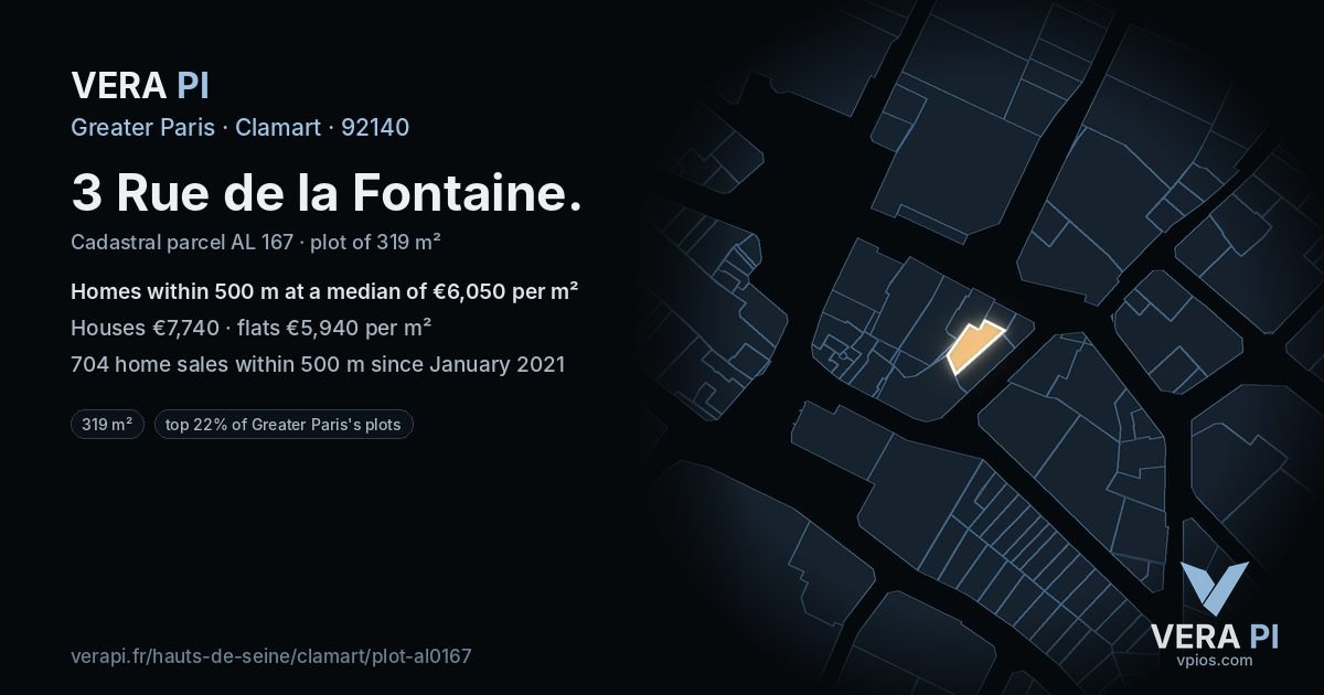 3 Rue de la Fontaine, Clamart at night – the plot lit, the parcels around coloured by the prices near them