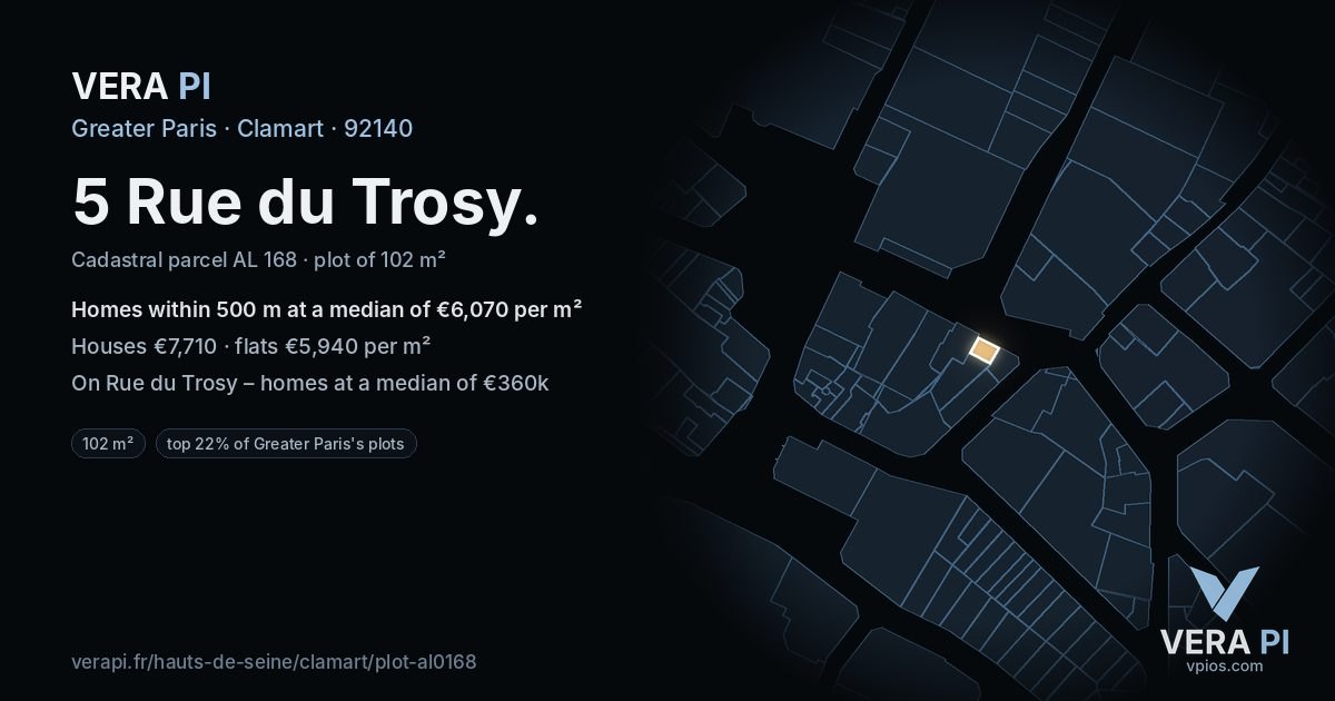 5 Rue du Trosy, Clamart at night – the plot lit, the parcels around coloured by the prices near them
