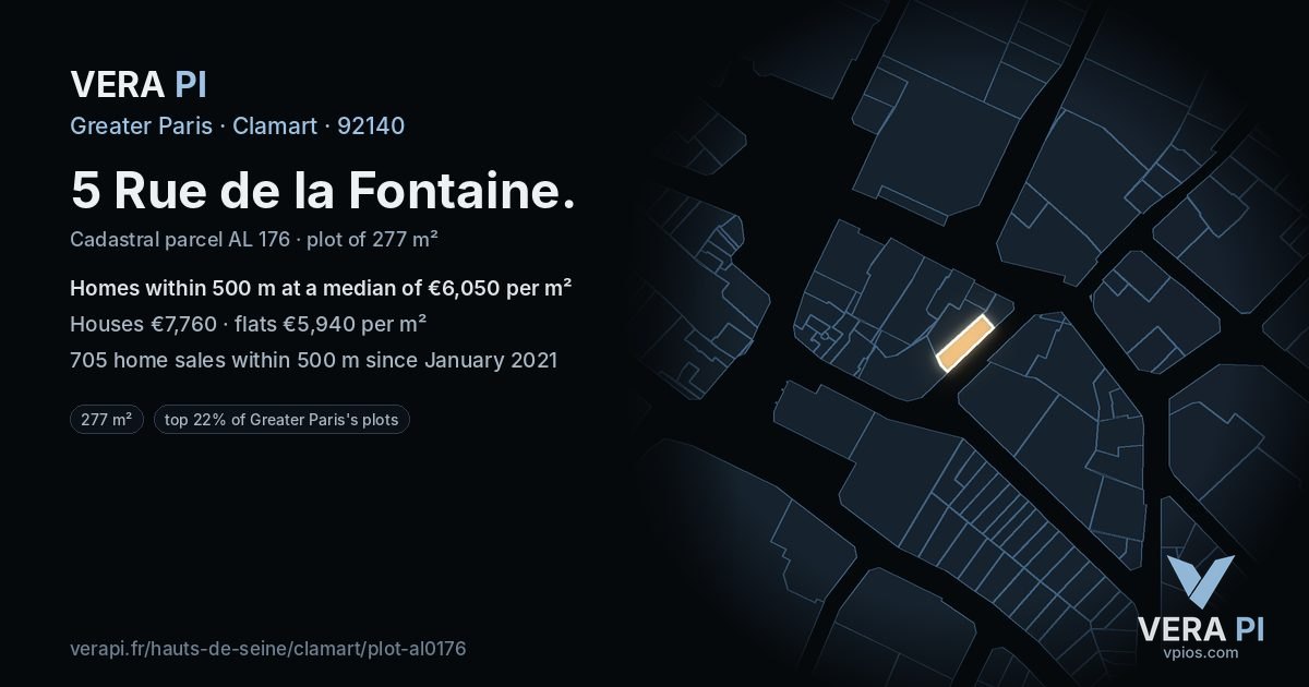 5 Rue de la Fontaine, Clamart at night – the plot lit, the parcels around coloured by the prices near them