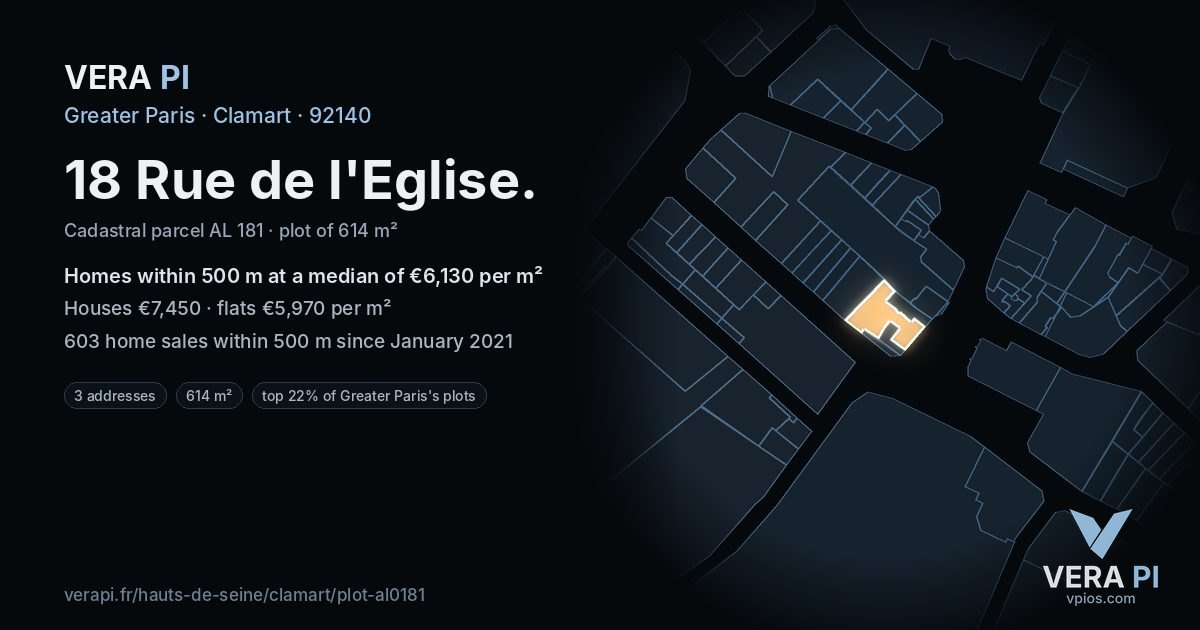 18 Rue de l'Eglise, Clamart at night – the plot lit, the parcels around coloured by the prices near them