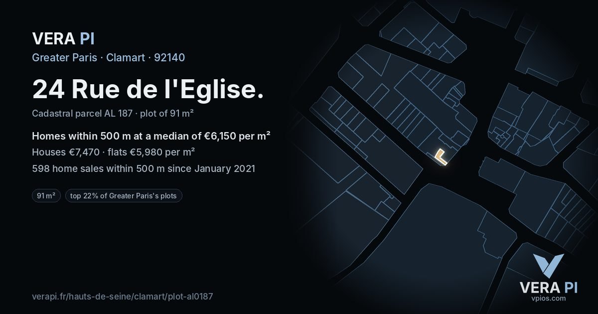 24 Rue de l'Eglise, Clamart at night – the plot lit, the parcels around coloured by the prices near them