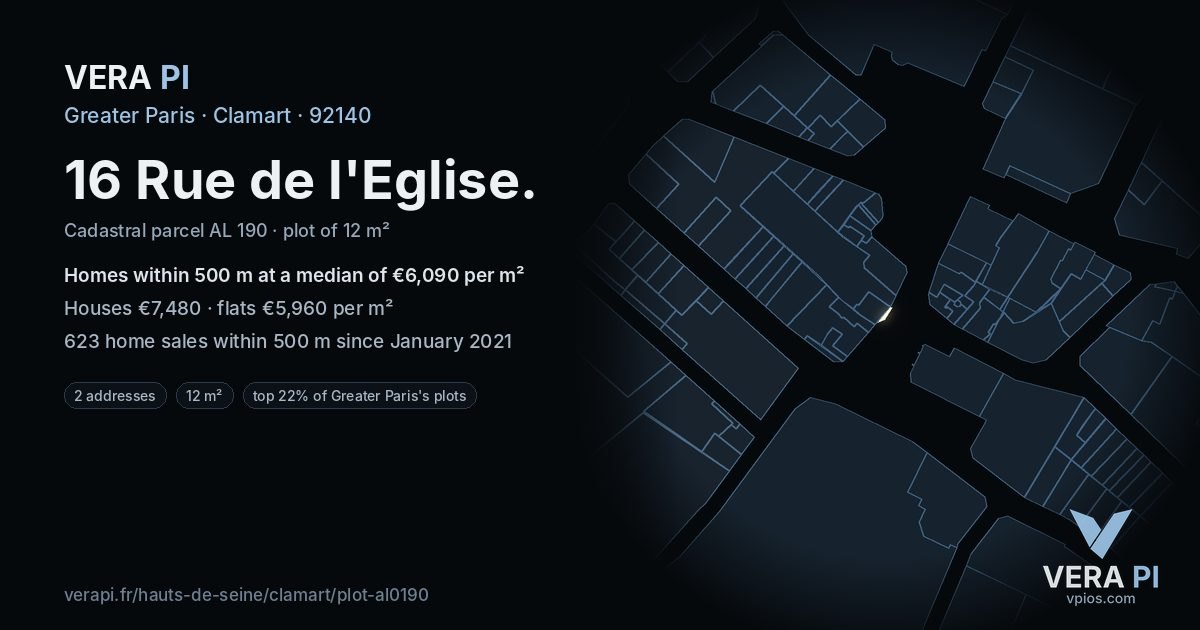 16 Rue de l'Eglise, Clamart at night – the plot lit, the parcels around coloured by the prices near them