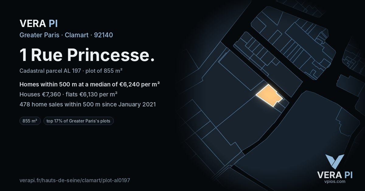 1 Rue Princesse, Clamart at night – the plot lit, the parcels around coloured by the prices near them