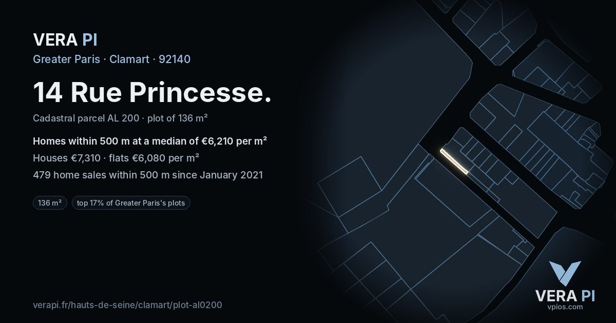 14 Rue Princesse, Clamart at night – the plot lit, the parcels around coloured by the prices near them