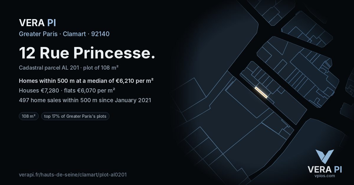 12 Rue Princesse, Clamart at night – the plot lit, the parcels around coloured by the prices near them