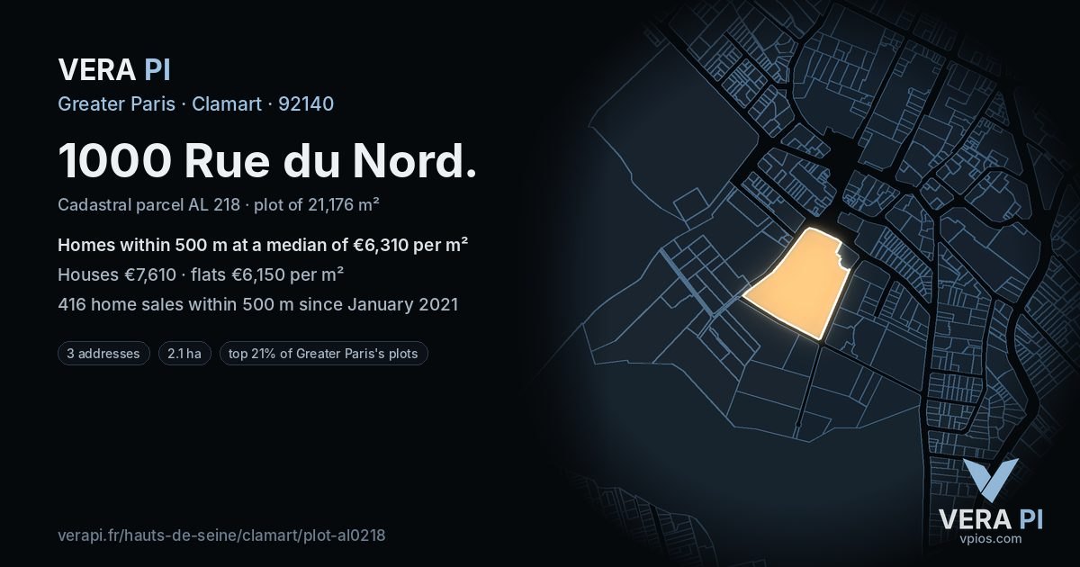 1000 Rue du Nord, Clamart at night – the plot lit, the parcels around coloured by the prices near them