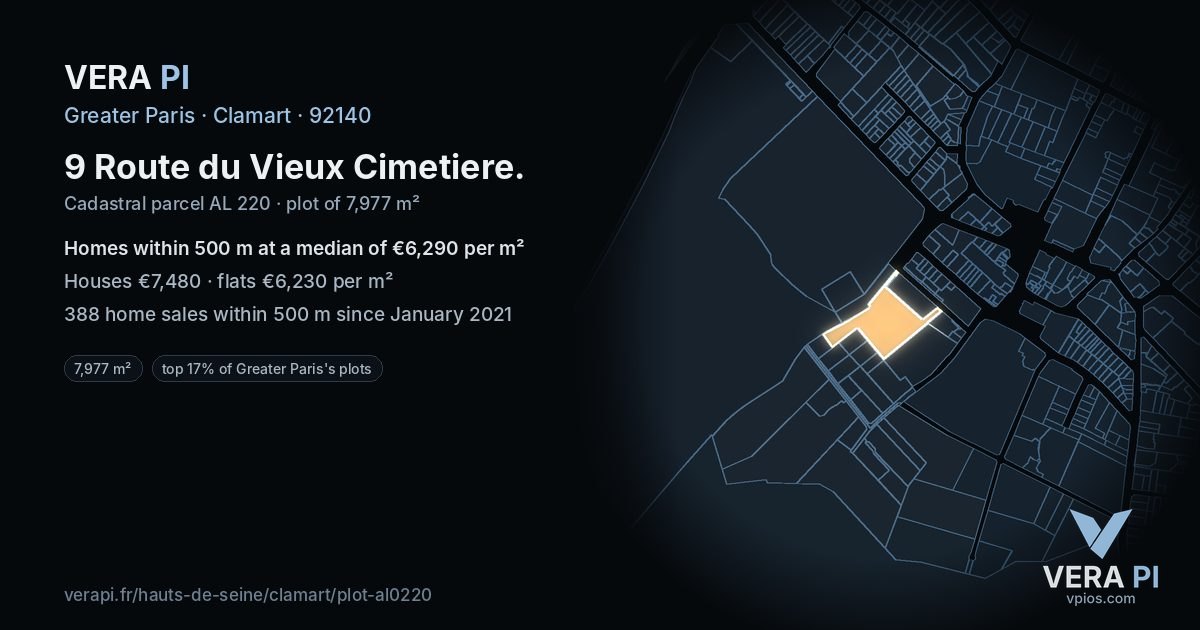 9 Route du Vieux Cimetiere, Clamart at night – the plot lit, the parcels around coloured by the prices near them