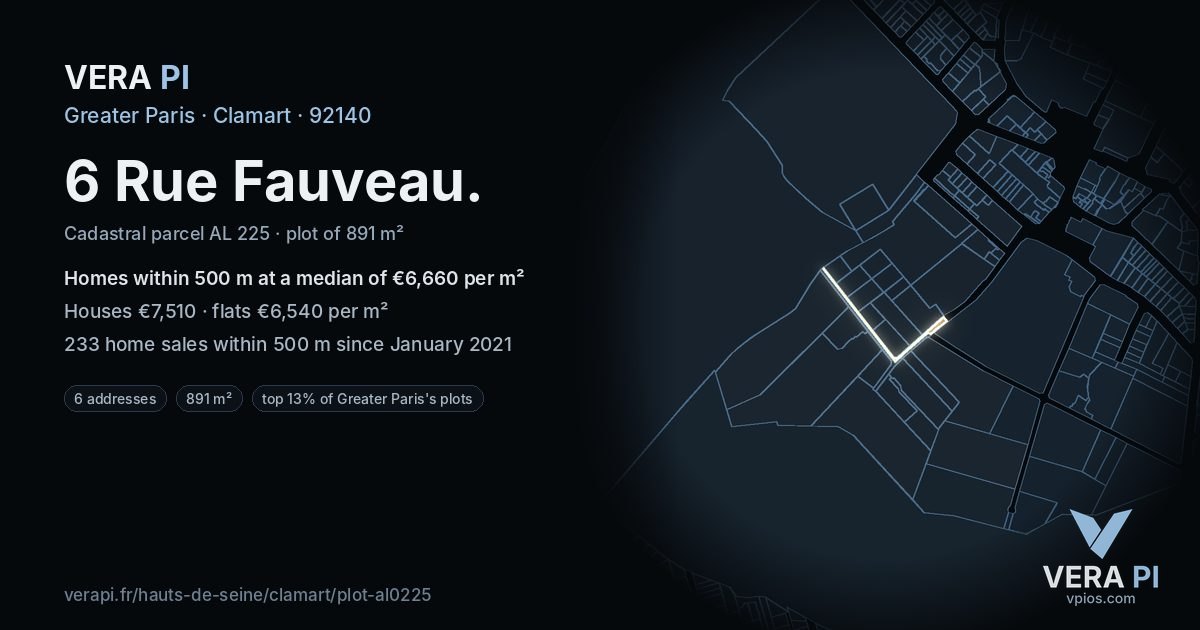 6 Rue Fauveau, Clamart at night – the plot lit, the parcels around coloured by the prices near them