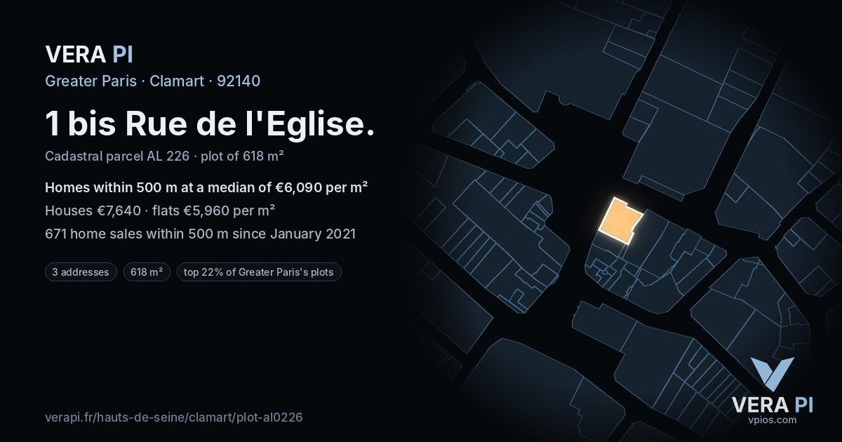 1 bis Rue de l'Eglise, Clamart at night – the plot lit, the parcels around coloured by the prices near them