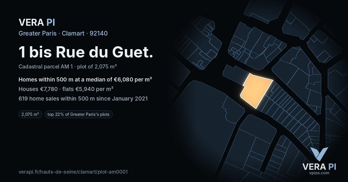 1 bis Rue du Guet, Clamart at night – the plot lit, the parcels around coloured by the prices near them