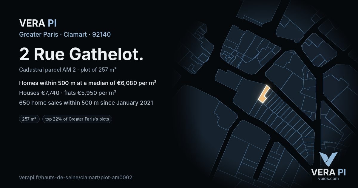 2 Rue Gathelot, Clamart at night – the plot lit, the parcels around coloured by the prices near them