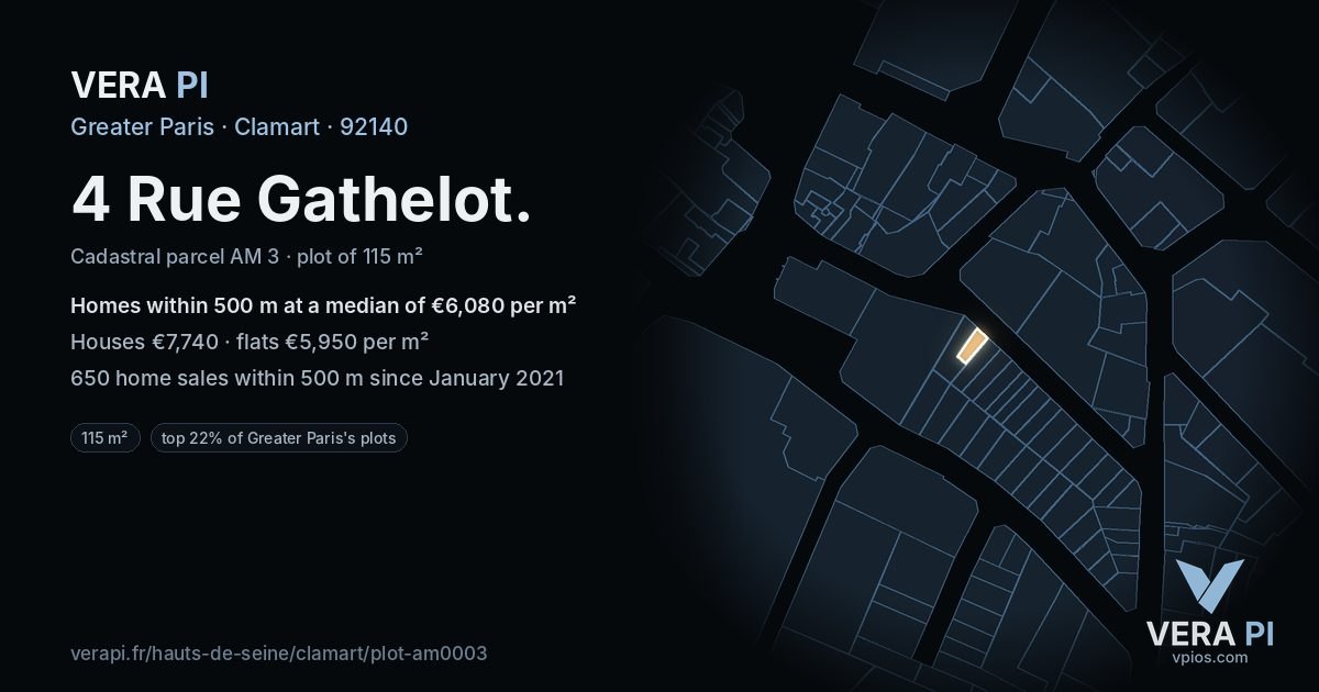 4 Rue Gathelot, Clamart at night – the plot lit, the parcels around coloured by the prices near them