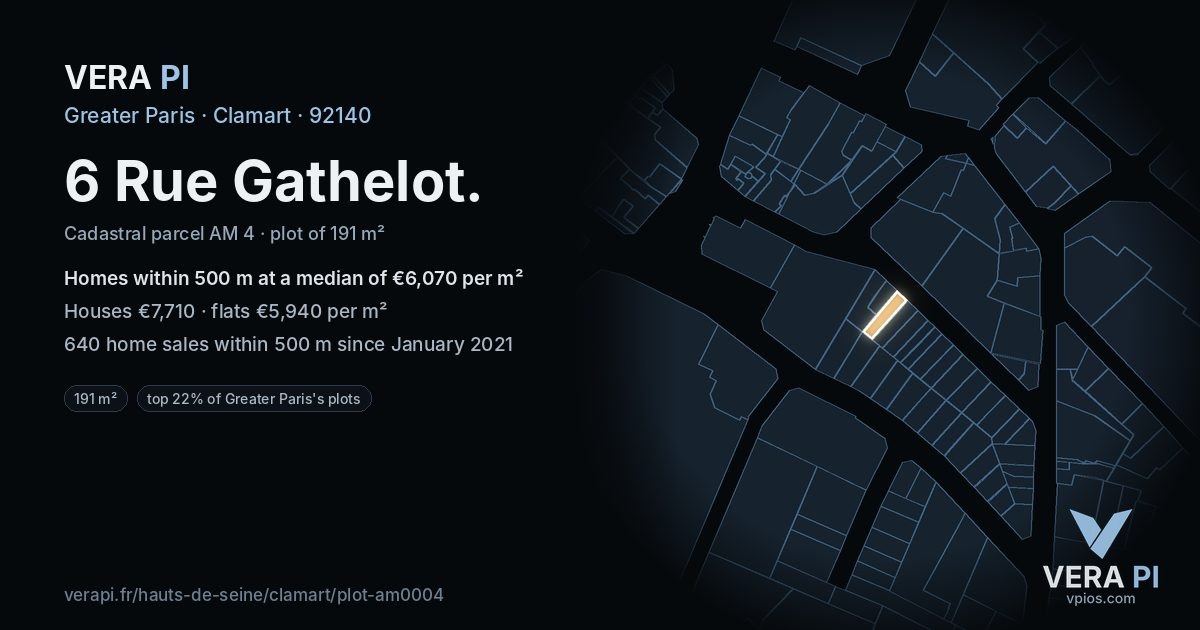 6 Rue Gathelot, Clamart at night – the plot lit, the parcels around coloured by the prices near them