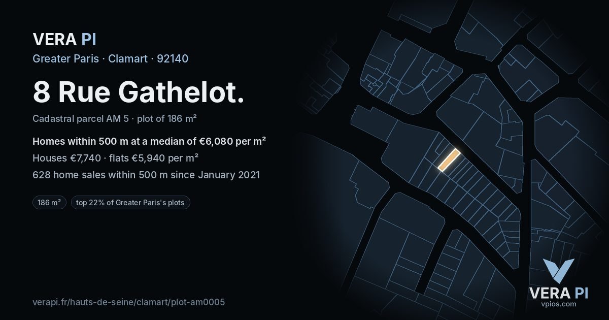 8 Rue Gathelot, Clamart at night – the plot lit, the parcels around coloured by the prices near them