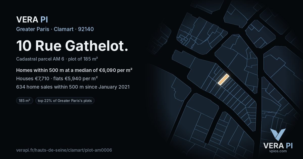 10 Rue Gathelot, Clamart at night – the plot lit, the parcels around coloured by the prices near them