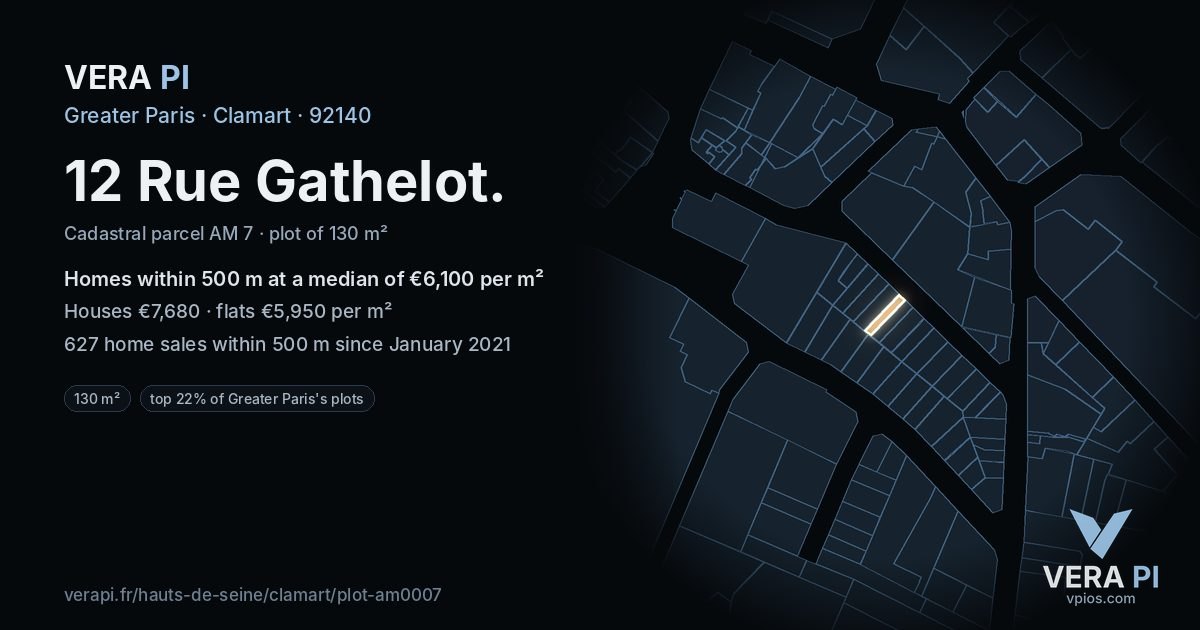12 Rue Gathelot, Clamart at night – the plot lit, the parcels around coloured by the prices near them