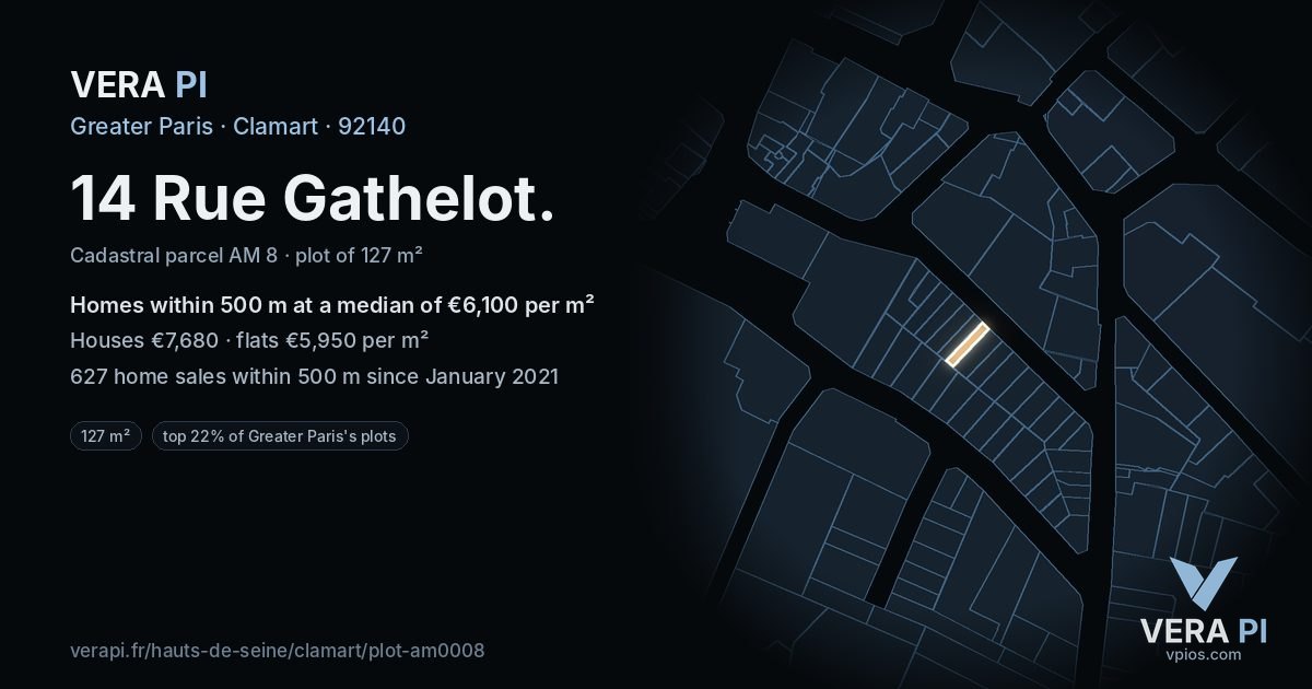 14 Rue Gathelot, Clamart at night – the plot lit, the parcels around coloured by the prices near them