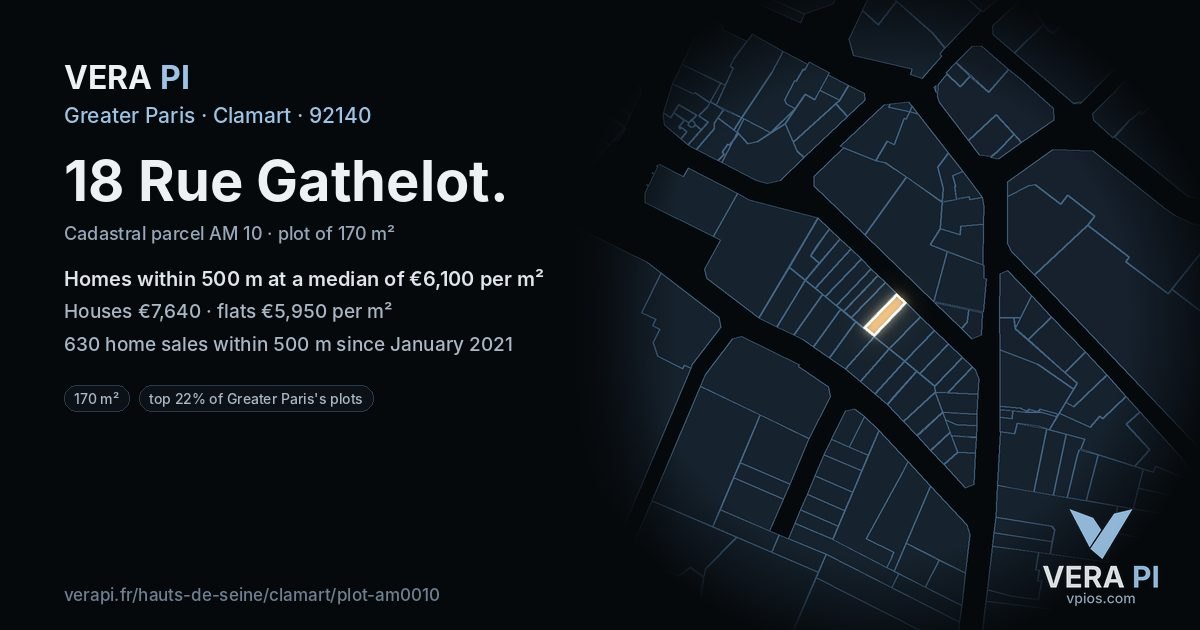 18 Rue Gathelot, Clamart at night – the plot lit, the parcels around coloured by the prices near them