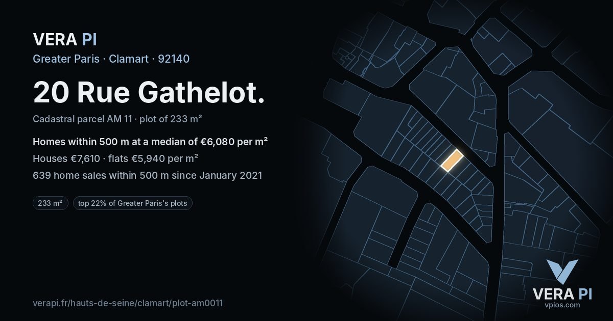 20 Rue Gathelot, Clamart at night – the plot lit, the parcels around coloured by the prices near them