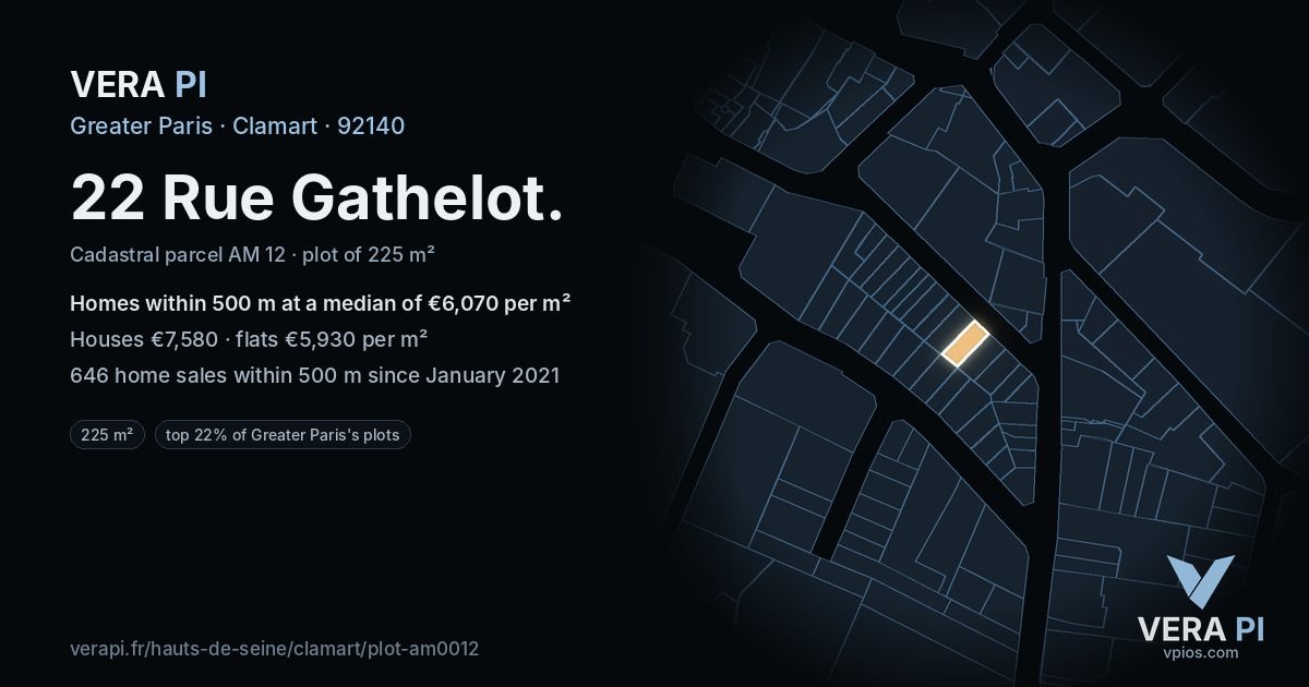 22 Rue Gathelot, Clamart at night – the plot lit, the parcels around coloured by the prices near them