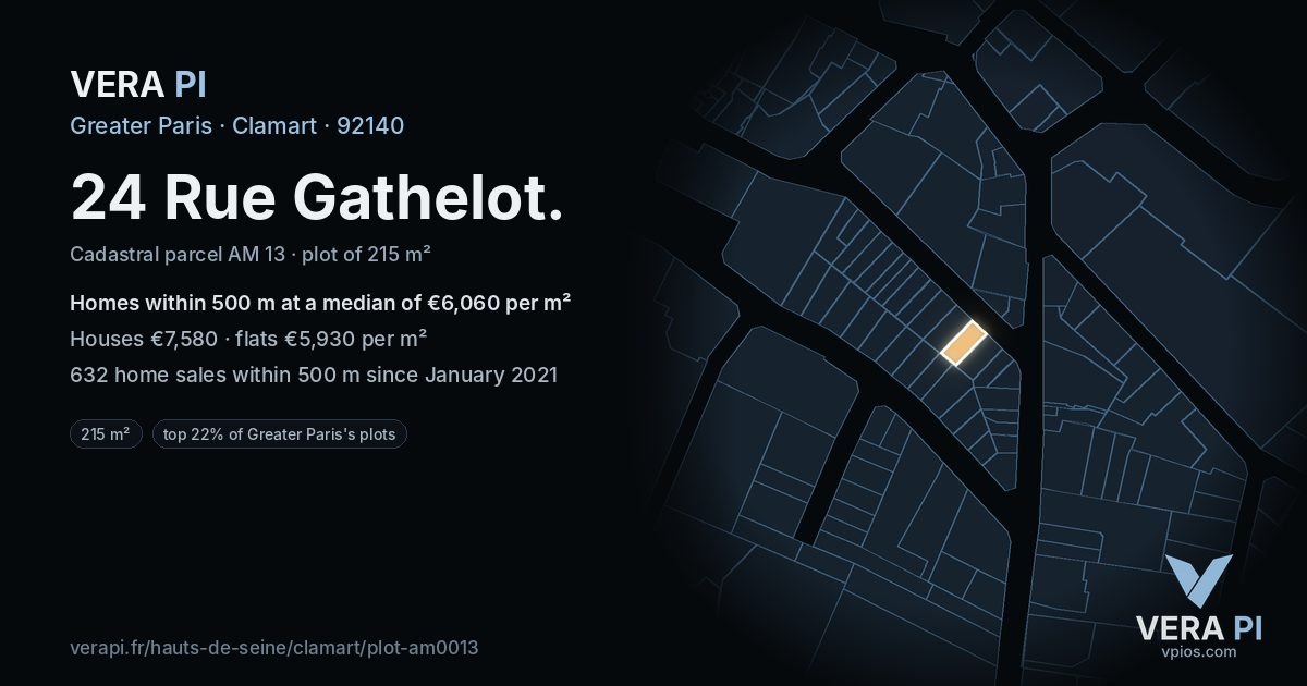 24 Rue Gathelot, Clamart at night – the plot lit, the parcels around coloured by the prices near them