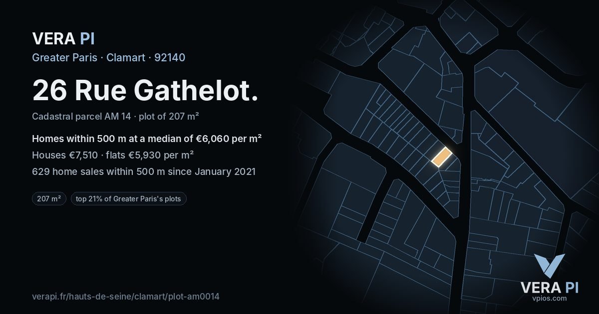 26 Rue Gathelot, Clamart at night – the plot lit, the parcels around coloured by the prices near them