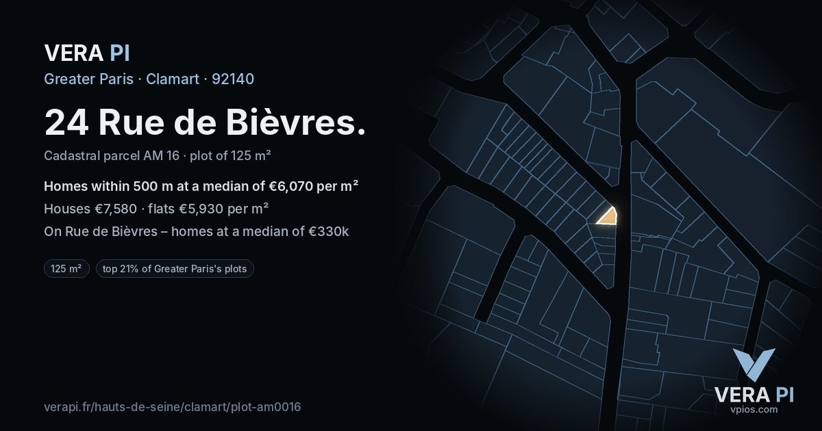 24 Rue de Bièvres, Clamart at night – the plot lit, the parcels around coloured by the prices near them
