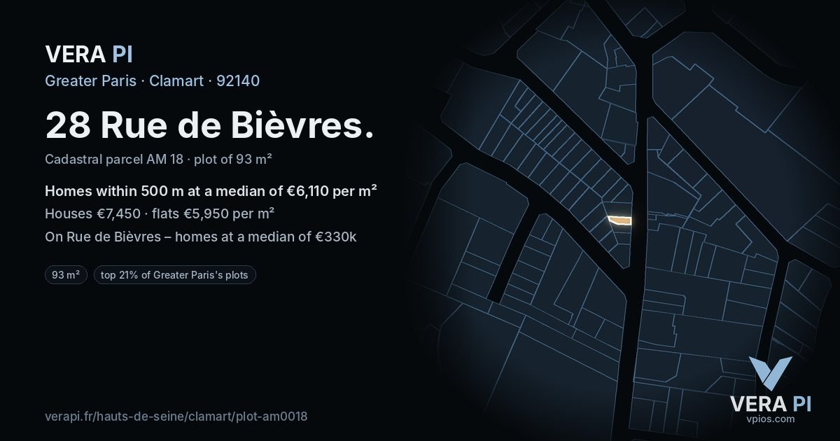 28 Rue de Bièvres, Clamart at night – the plot lit, the parcels around coloured by the prices near them