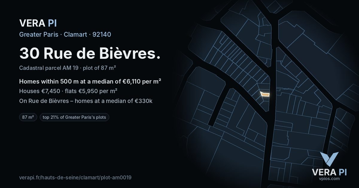 30 Rue de Bièvres, Clamart at night – the plot lit, the parcels around coloured by the prices near them