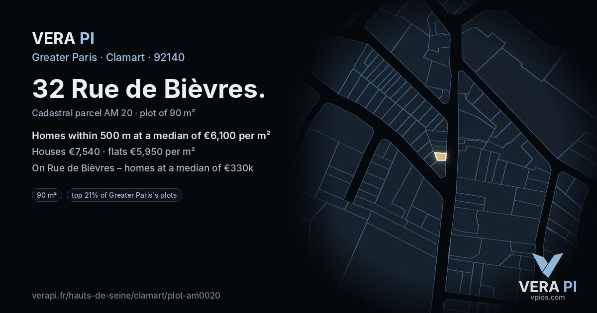 32 Rue de Bièvres, Clamart at night – the plot lit, the parcels around coloured by the prices near them