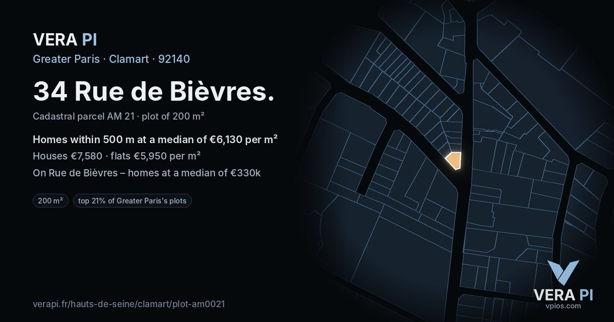 34 Rue de Bièvres, Clamart at night – the plot lit, the parcels around coloured by the prices near them